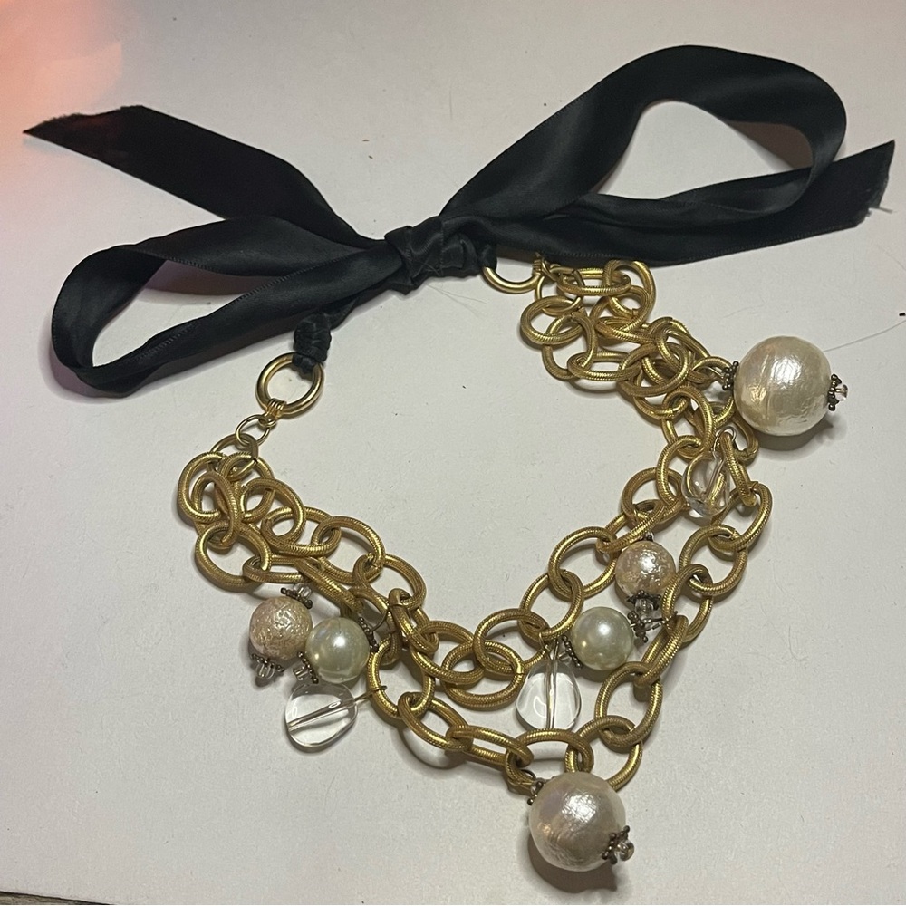 Vintage ANNE KLEIN Gold Plated Pearl Crystal Charm 2 Chain Tie Choker Necklace - Picture 9 of 14
